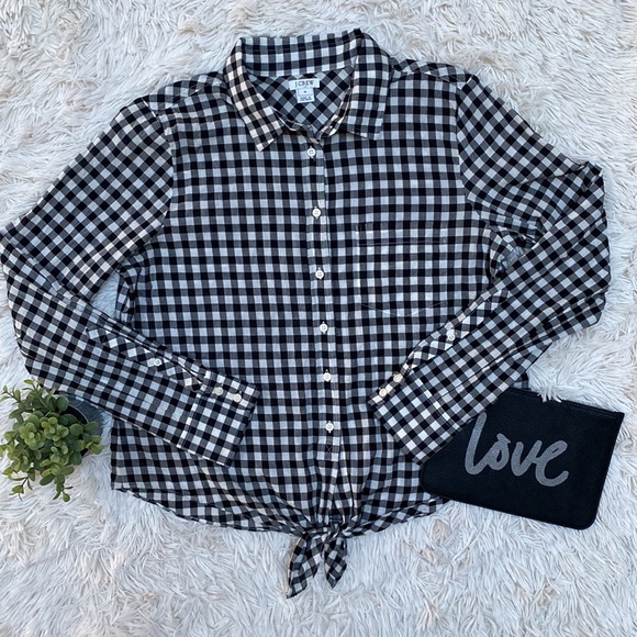 J. Crew Factory Check Tie Hem Button Down Shirt 💗 Black & White - Picture 2 of 13